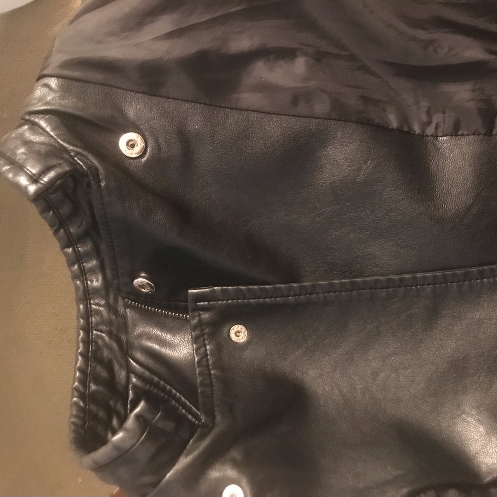 Black Vegan leather bomber jacket w/ polished silver detail.  Size small - Picture 8 of 8